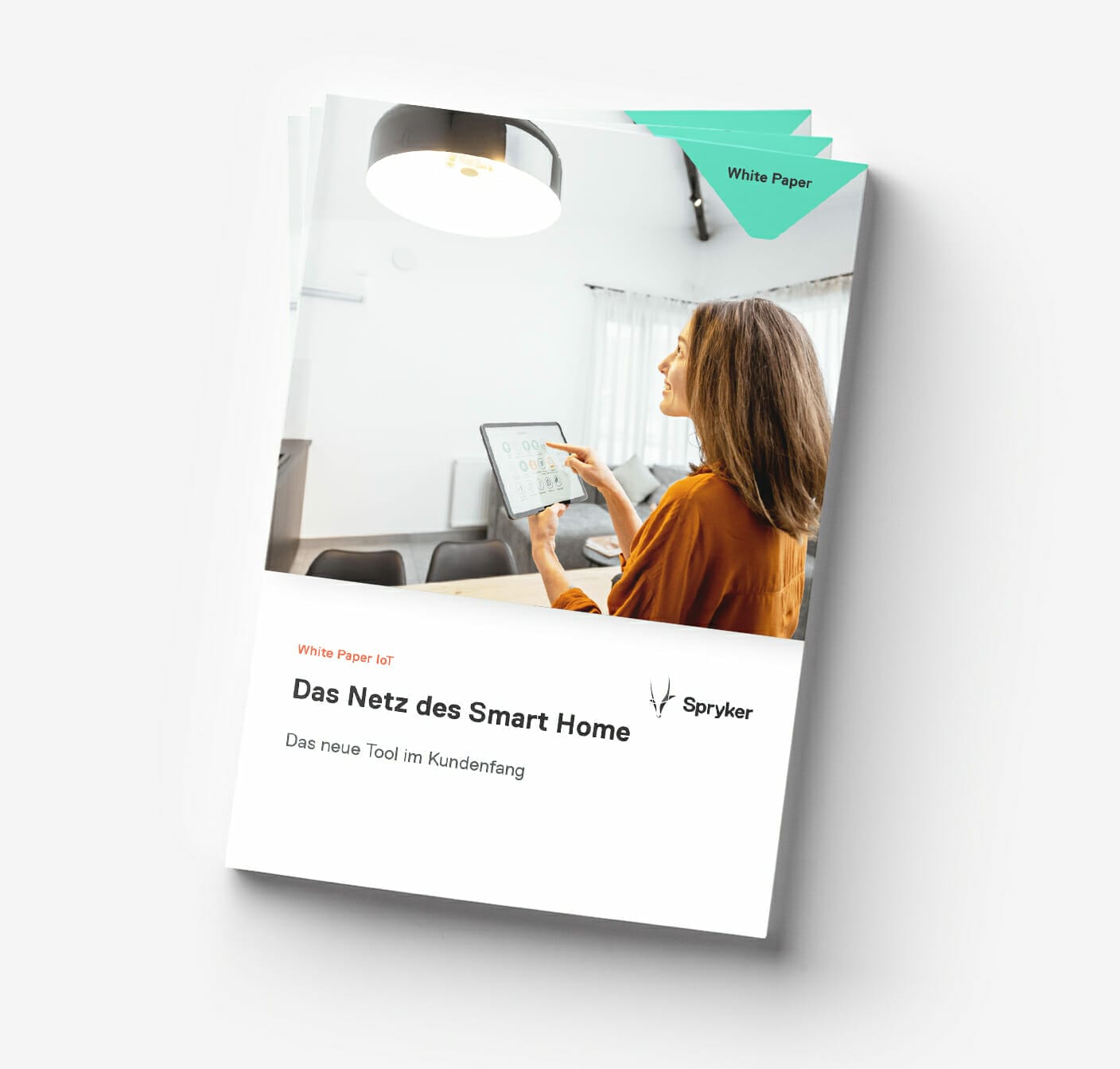 A person holding a tablet is featured on the cover of a white paper titled "Das Netz des Smart Home" by Spryker, designed with teal accents and a minimalist aesthetic, highlighting the intersection of IoT and modern commerce.