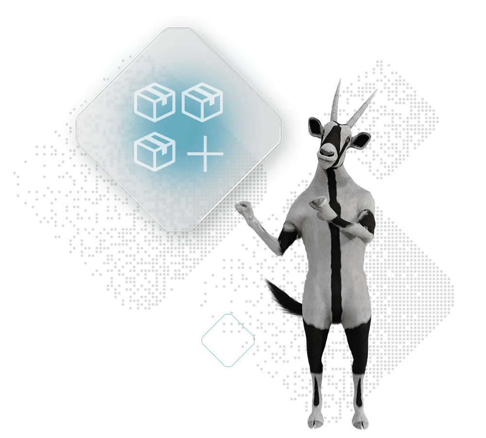 A goat stands on two legs pointing to a hexagonal icon with three cube symbols and a plus sign inside it, symbolizing the Spryker Marketplace. The background is filled with dispersed hexagonal particles.