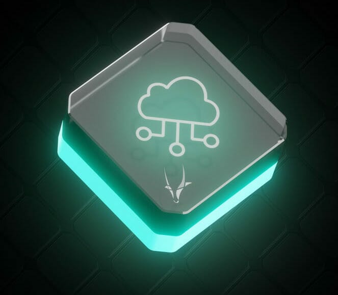 A glowing teal icon with a cloud and connected nodes symbol on a dark, patterned background, representing IoT commerce.