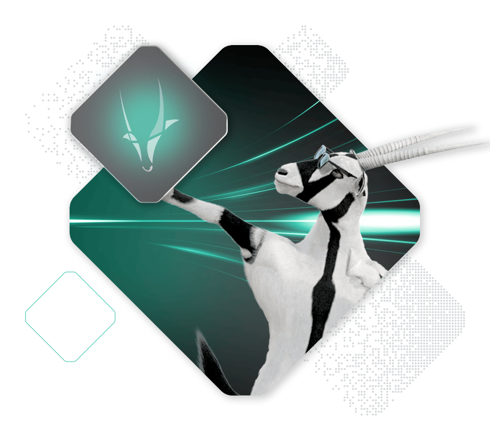 A stylized goat wearing glasses stands on hind legs, reaching towards a glowing emblem with a goat head silhouette on it, set against a dark background with green light streaks. The scene, illuminated by the green light streaks, suggests it benefits from an otherworldly glow.