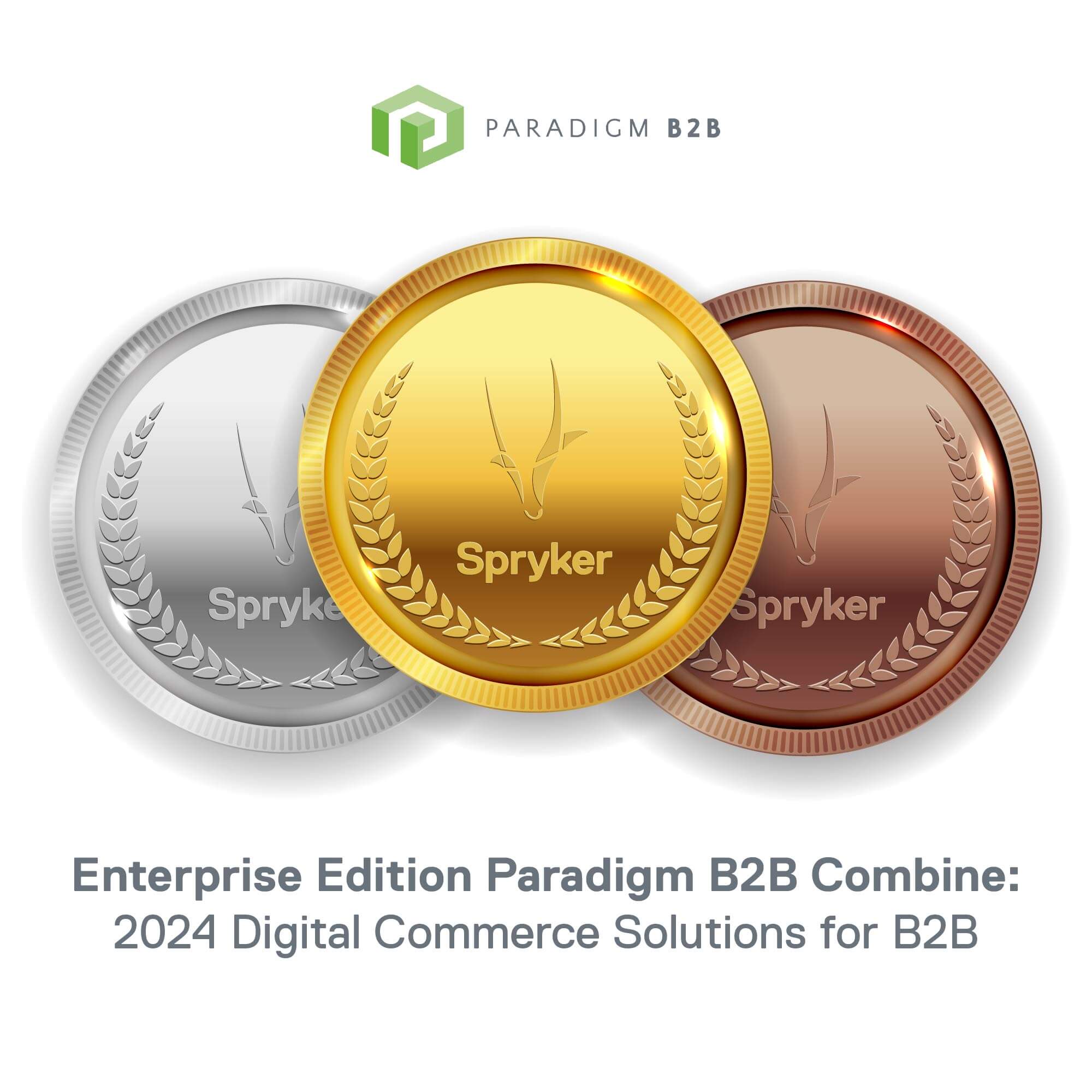 Three medals labeled "Spryker" in silver, gold, and bronze elegantly convey analyst recognition under the heading "Enterprise Edition Paradigm B2B Combine: 2024 Digital Commerce Solutions for B2B.
